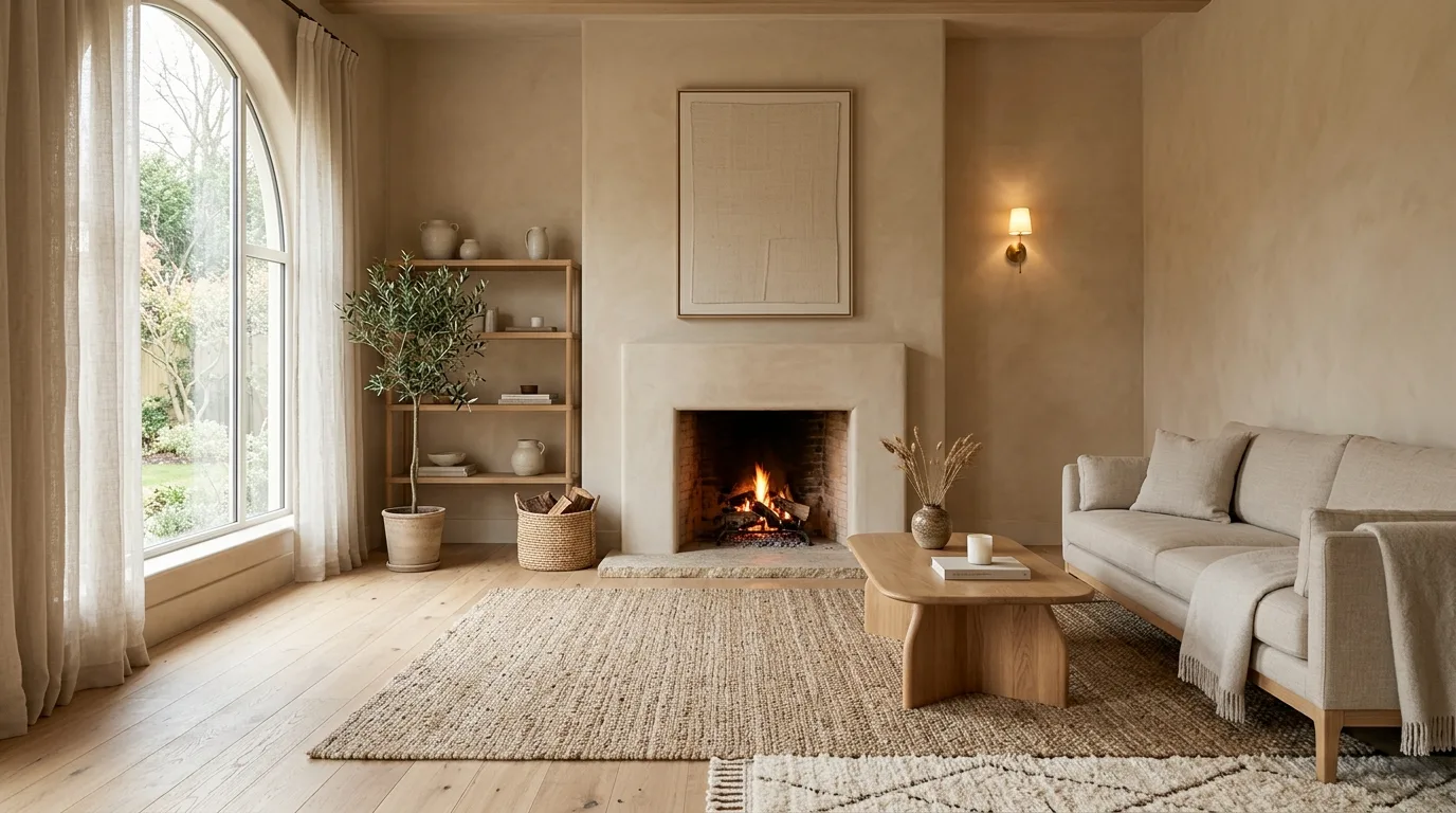 Pair the fireplace with low organic furniture nearby inspiration for a plaster fireplace feature wall.